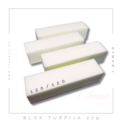 Bela blok turpija 120 – univerzalna profesionalna turpija (1 komad) Blok turpija granulacije 120 namenjena je za finije oblikovanje, matiranje i skidanje blažih slojeva materijala. Idealna za završnu pripremu noktiju.