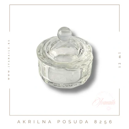 Staklena posuda cilindričnog oblika, zapremine 12 ml. Praktična za monomer, gel i druge tečnosti u manikiru.