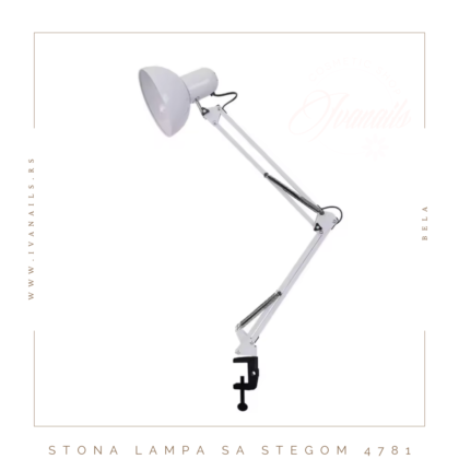 Stona lampa sa stegom – 4781, bela lampa sa klasičnim grlom i stegom za sto do 6 cm. Lagana i praktična, idealna za radne i kozmetičke stolove. Dolazi bez sijalice.