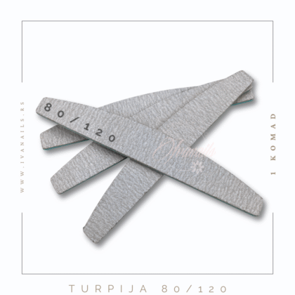 Turpija za nokte – polumesec – 80/120 je gruba turpija pogodna za oblikovanje i obradu veštačkih noktiju.