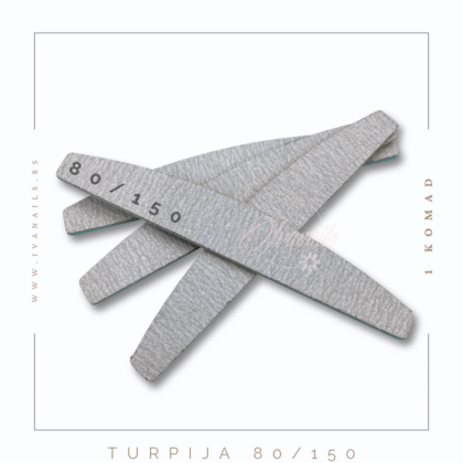 Turpija za nokte – polumesec – 80/150 je profesionalna turpija za grubo oblikovanje i završnu obradu veštačkih noktiju.