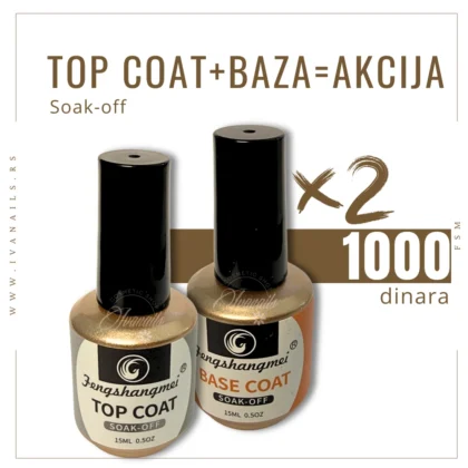 Set tečnosti FSM uključuje bazu i završni sjaj koji omogućavaju bolje prianjanje gel laka i dugotrajan sjaj manikira.