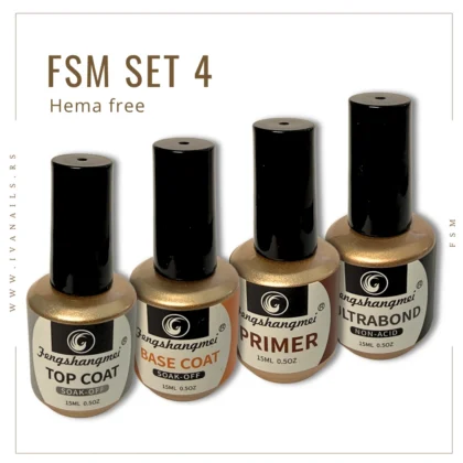 Set tečnosti FSM uključuje završni sjaj, bazu, primer i ultrabond za pravilnu pripremu nokta, bolje prianjanje i dugotrajan sjaj manikira.