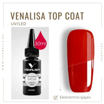 Završni sjaj Venalisa Tempered Top Coat 30 ml daje ekstremno jak sjaj i dugotrajnu zaštitu noktiju.