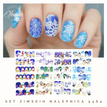 Set zimskih nalepnica za nokte sa motivima pahulja, jelki i sneška belića. Lako nanošenje i idealno za praznični manikir.