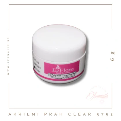 EzFlow akrilni prah – Clear (prozirni), profesionalni prah za savršeno jasne akrilne nokte bez mehurića i žutila.
