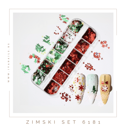 Zimski set 6181 – ukrasi za nokte sa zimskim i novogodišnjim motivima. Sjajne pahulje, jelke i zvezdice za savršen praznični manikir.