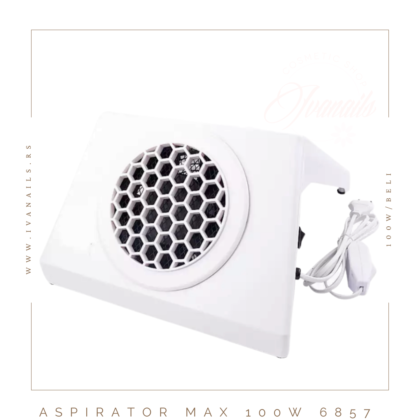 Aspirator za prašinu Max – 100W snage 100W, sa jednim ventilatorom, potenciometrom za regulaciju jačine i belim kućištem. Stabilan, pouzdan i pogodan za profesionalne salone.
