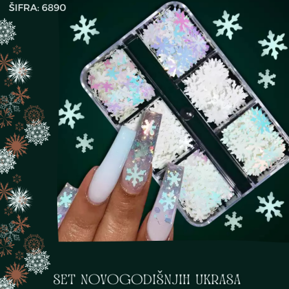 Set novogodišnjih ukrasa za nokte sa iridescentnim pahuljama koje daju sjaj i eleganciju zimskom manikiru.