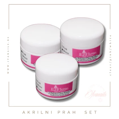 Set od 3 EzFlow akrilna praha – Clear, Pink i White. Profesionalni kvalitet, pakovanja po 6 grama.