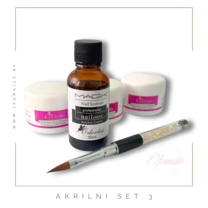 Profesionalni akrilni set sa kristalnom četkicom, tri osnovne boje praha (Clear, Pink, White) i monomerom od 30 g.