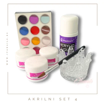 Kompletan akrilni set za zahtevnije korisnike – sadrži 15 boja praha, monomer 100 ml, ekskluzivnu četkicu i staklenu krunu-posudu