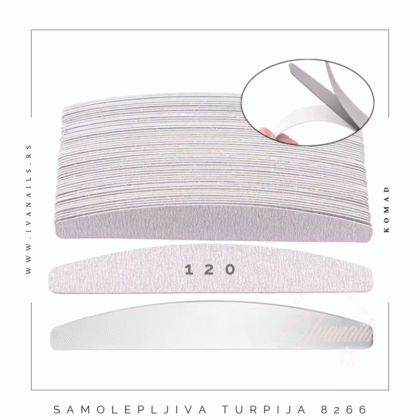 Samolepljive turpije za nokte 120 granulacija – profesionalne turpije namenjene gruboj obradi i brzom uklanjanju materijala sa veštačkih noktiju, idealne za efikasan salonski rad.