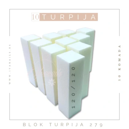 Blok turpija 120/120 – profesionalni set od 10 komada Blok turpije granulacije 100/100 idealne su za pripremu, oblikovanje i zaglađivanje noktiju. Namenjene su profesionalcima i početnicima koji žele preciznost i dugotrajnost u svakom koraku manikira.
